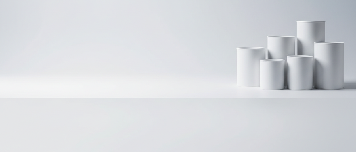 Sehr schmaler Header im Querformat, klare Panorama Wirkung. Links eine ruhige, gleichmäßige Fläche mit ausreichend Platz für eine Textüberschrift. Rechts am Bildrand eine reduzierte, fotorealistische Darstellung leerer, unbeschrifteter Dosen in verschiedenen Größen. Die Dosen wirken neutral weiß hochwertig und sachlich, ohne Etiketten, ohne Logos, ohne Text. Ruhige, geordnete Anordnung, leicht versetzt, keine Bewegung. Neutrale, saubere Oberfläche, reduzierter Hintergrund mit weichem Farbverlauf. 